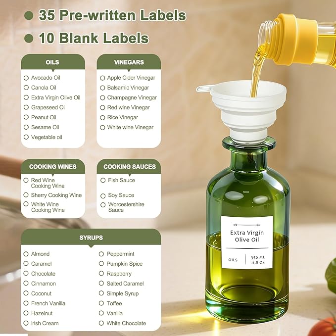 COOLMI Oil Dispenser for Kitchen - 12oz/350ml, Set of 2 Extra Thick Food Grade Glass Olive Oil Dispenser Bottle with Cleaning Brush, Stickers and Funnel (Gold)