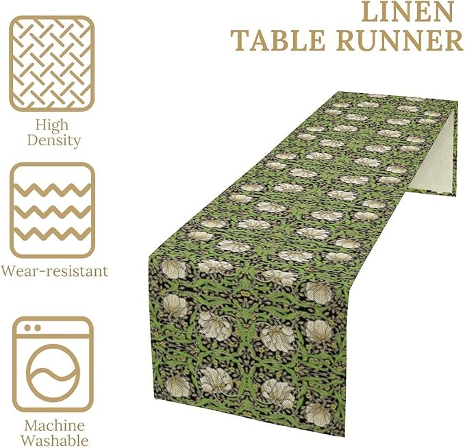 William Morris Vintage Floral Table Runner Farmhouse Sage Green Art Printed Dinner Runner for Home Kitchen Dining Table Decor Fabric 1 Panel W13xL120in