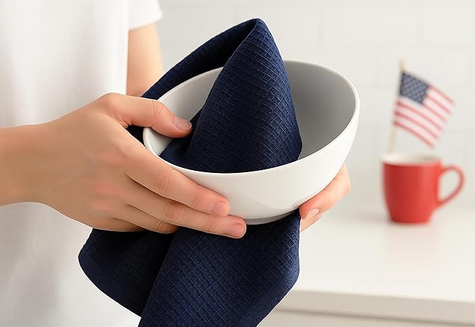 PurpleEssences 4th of July Waffle Weave Kitchen Towel, 100% Cotton - 15x25 Inches with Hanging Loop, Ultra Soft Absorbent Quick Drying Dish Cloth, Tea and Hand Towels, 6 Pack - Summer - Red Blue White