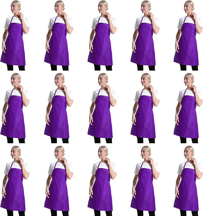 Purple Color Plain Bib Aprons Bulk for Women Men Adult-Unisex Aprons with 2 Front Pockets,Size24 X28 Kitchen Cooking Server Painting Aprons(Purple-15PCS)