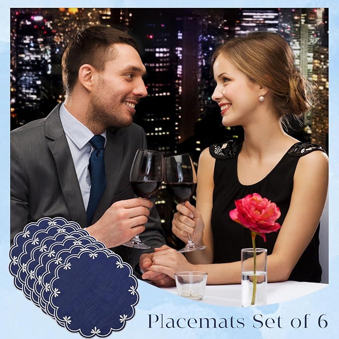 SK Studio Set of 6 Cotton Linen Placemats, 15x15 Round Scalloped Cloth Table Mats, Embroidery Double Layered Washable Dining Placemat for Hotel Restaurant Kitchen, Navy Blue