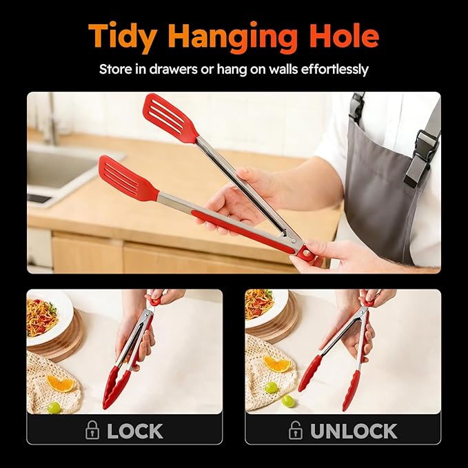 HST Tongs for Cooking with Silicone Tips(3 Pack), Non Stick Kitchen Tongs with Silicone Tip for Cooking BBQ Baking (12", Red)