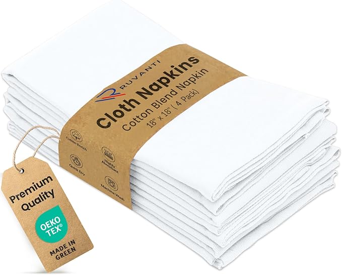 Ruvanti Cloth Napkins Set of 4, 18x18 Inches Napkins Cloth Washable, Soft, Durable, Absorbent, Cotton Blend. Table Dinner Napkins Cloth for Hotel, Lunch, Restaurant, Wedding Parties - White