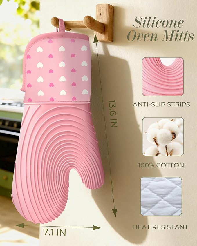 Slohif Long Silicone Oven Mitts Heat Resistant for Women - 2 Pcs Heart 100% Cotton Oven Gloves, Non-Slip and Waterproof Silicone Oven Mitts with Hanger for Baking and Cooking