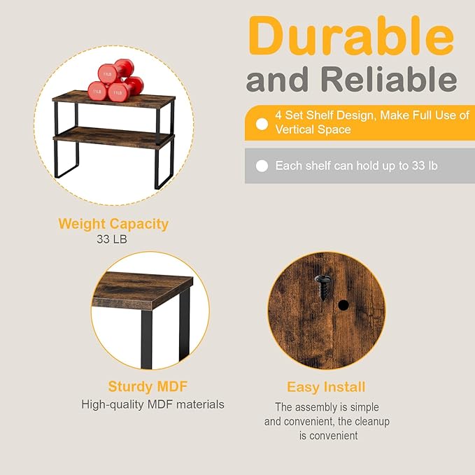 OGEMXU Cabinet Shelf Organizers, 15.7 inches Large Kitchen Counter Shelf, Set of 2 Wood Kitchen Pantry Organizer, Storage Shelves for Countertop, Spice Rack, Stackable, Expandable, Metal Black, Brown