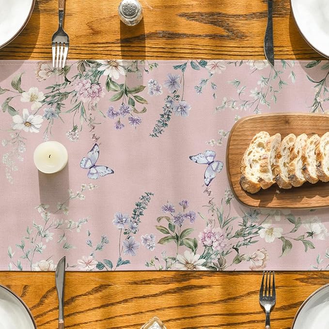 Artoid Mode Pink Floral Wildflower Leaf 210 GSM Spring Table Runner, Seasonal Summer Kitchen Dining Table Decoration for Home Party Decor 13x72 Inch