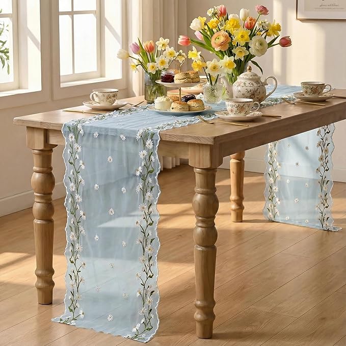 Artoid Mode Daisy Floral Sky Blue Shaped Gauze Embroidery Table Runner 120 Inch 10FT, Tulle Spring Summer Kitchen Dining Table Decor for Home Party