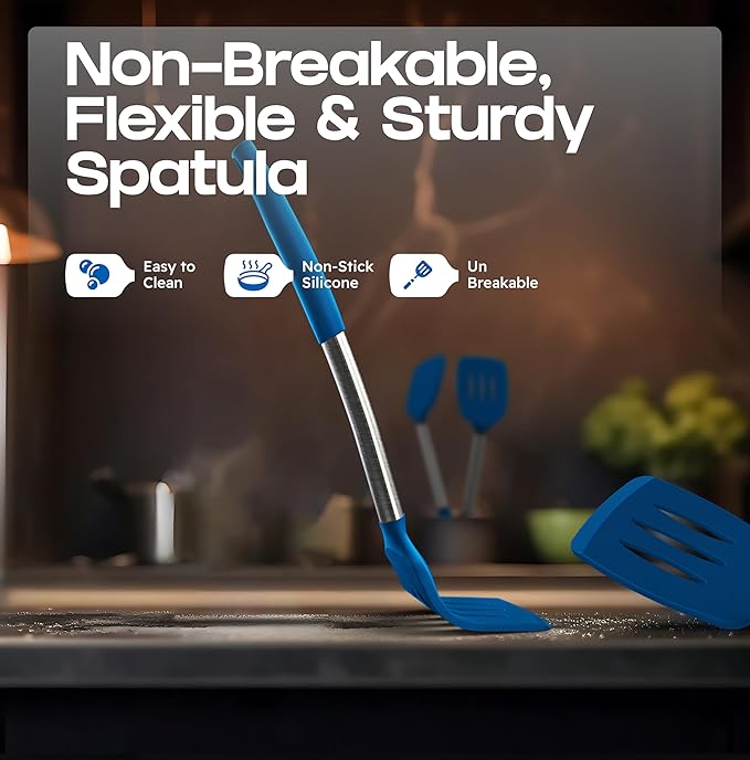 BakeRoyal Silicone Spatula Set - Turner Spatulas Silicone Heat Resistant 600°F - Slotted & Solid Spatula for Cooking Fish, Eggs, Pancakes Flipper – Spatulas for kitchen use – Royal Blue