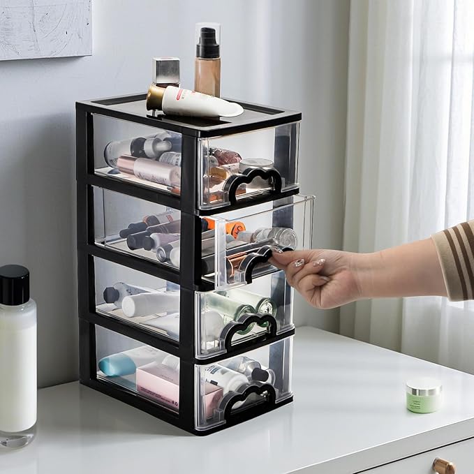 Cididu Desktop Organizer with 4 Drawers, Clear Plastic Storage Drawer Unit, Small Desk Organizer Storage Box, Durable Storage Bin Container Case for Countertop Stationery Pens Makeup Office Supplies