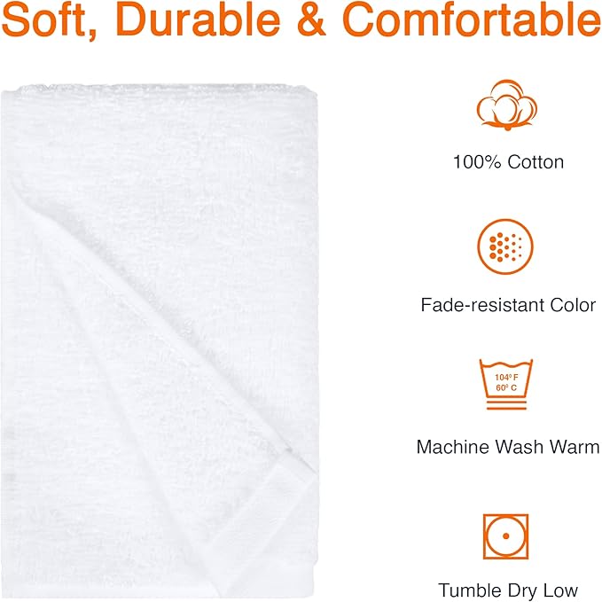 Amazon Basics Soft and Thick Cotton Hand Towels for Bath, Kitchen, Gym, 16 x 26 in, White, 12-Pack