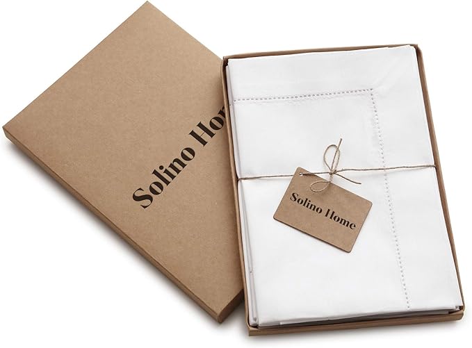 Solino Home White Napkins Set of 4 - Cotton Linen Hemstitch Dinner Napkins Cloth 20 x 20 Inch for Mothers Day, Spring, Summer, Memorial Day - Handcrafted and Machine Washable
