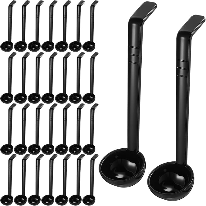 FoldTier 30 Pieces 8.07 Inches 1 oz Small Ladle Mini Plastic Gravy Ladle Long Handle Ladles for Serving Dressings Soup Punch Bowl Fruit Juices Soup Cocktail Parties(Black)