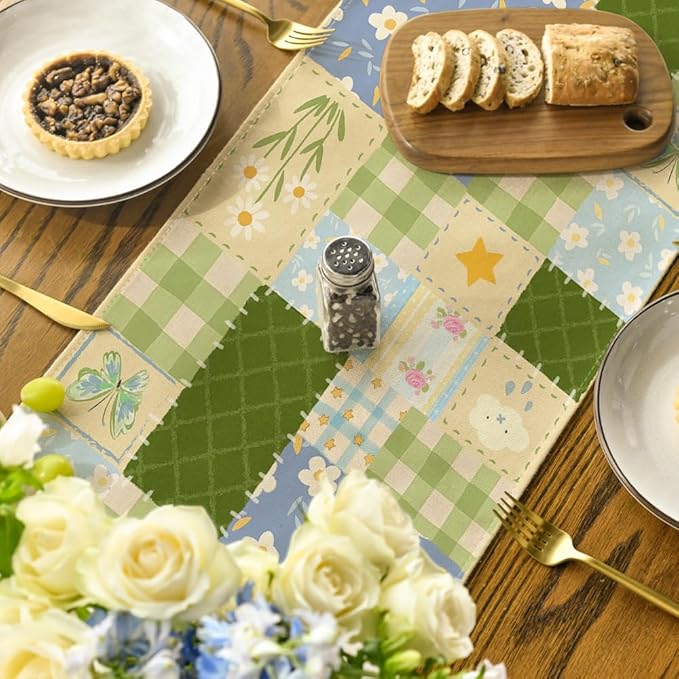 Artoid Mode Patchwork Buffalo Plaid Floral 210 GSM Spring Table Runner, Seasonal Summer Kitchen Dining Table Decoration for Home Party Decor 13x36 Inch