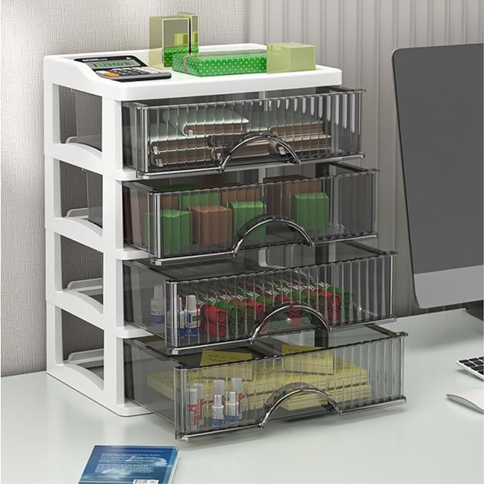 WRINGKIT Desk Organizer with 4 Drawers, Plastic Desk Storage Box, Desktop Storage Unit for Office Home Art Supplies, Bathroom, Countertop, Study, Makeup Stationary Organizer