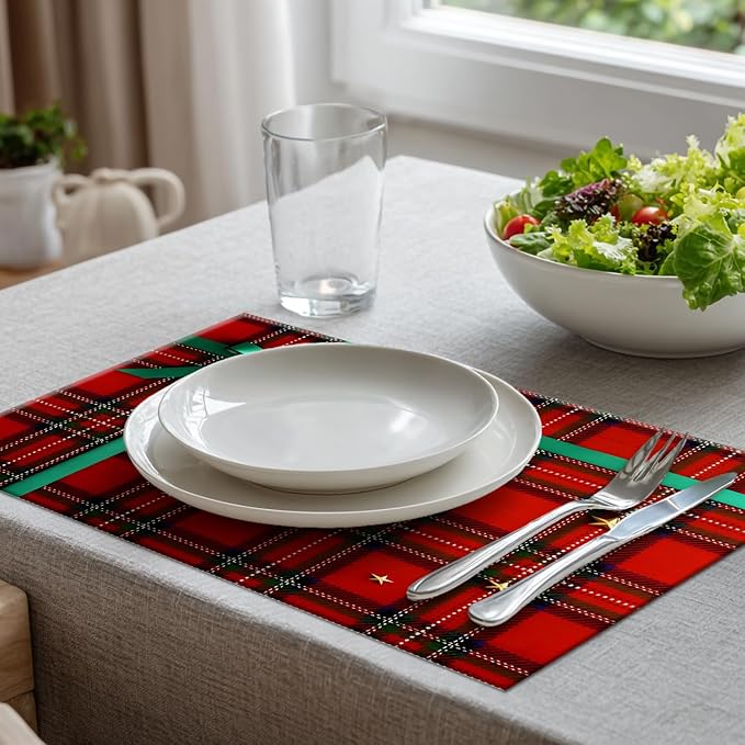 Batmerry Empty Tag On Scottish Plaid Placemats, Bow and Washable Linen Table Mats for Kitchen Table Double Insulation Decor Dining Set Indoor Outdoor 12X18 in Set of 8