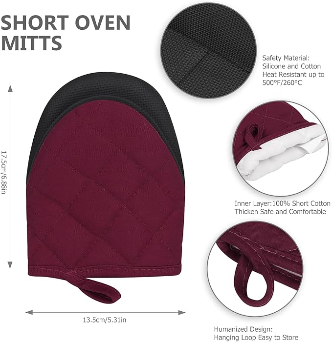 Short Oven Mitts, Heat Resistant 500°F, Silicone Grip Kitchen Gloves, Non-Slip for Baking, Grilling, BBQ, Machine Washable with Hanging Loop, 2-Pack Set, Dark Red