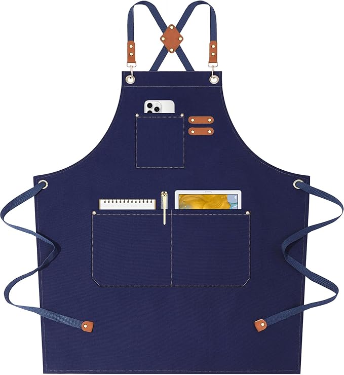 AFUN Chef Aprons for Women Men with Oversized Pockets, 12-Ounce Cotton Canvas Cross Back Water Repellent Apron (Dark Blue)