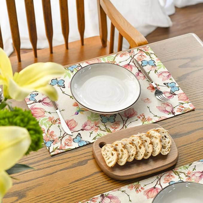 Artoid Mode Flowers Bird Butterfly Spring Placemats Set of 4, 12x18 Inch Seasonal Summer Table Mats for Party Kitchen Dining Decoration