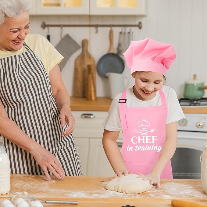Kids Apron and Chef Hat Set, Funny Apron with 2 Pockets, Adjustable Kids Aprons for Cooking for Boys and Girls