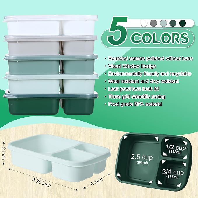 Honeydak 5 Pack Snack Containers 3 Compartment Bento Snack Boxes Divided Meal Prep Containers with Lids Reusable Adults Lunch Food Storage Box for School Work Travel(Sage Color)
