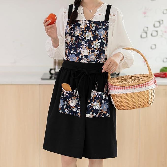 Pinknoke Vintage Pinafore Apron Dress for Women with Pockets Cute Floral Chef Aprons for Kitchen Cooking Baking Gardening