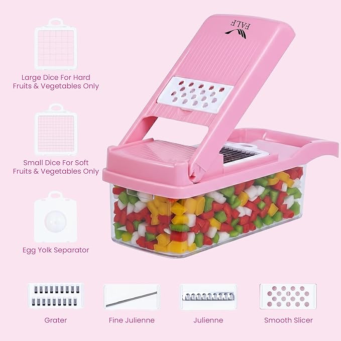 16-in-1 Vegetable Chopper & Mandoline Slicer with Container, Multifunctional Food Chopper, Onion Dicer & Grater for Potato, Carrot, Garlic and Salad, Kitchen Gadgets & Essentials (Pink)