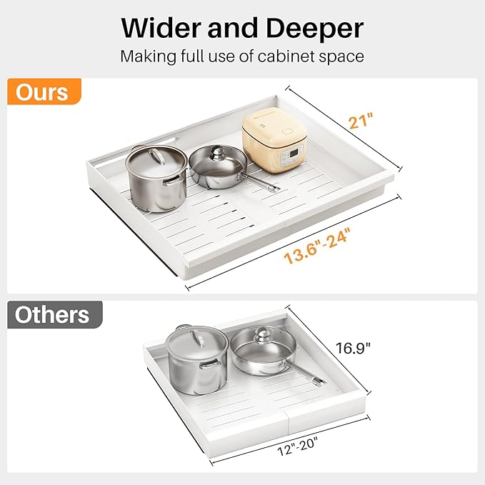 Pull out Cabinet Organizer, 2-Pack Expandable(13.6"-24") Silde out Drawers with Raising Pad for Framed Cabinets, Adjustable Full-Extension Adhesive Roll out Shelves for Kitchen Pantry Home Pot and Pan