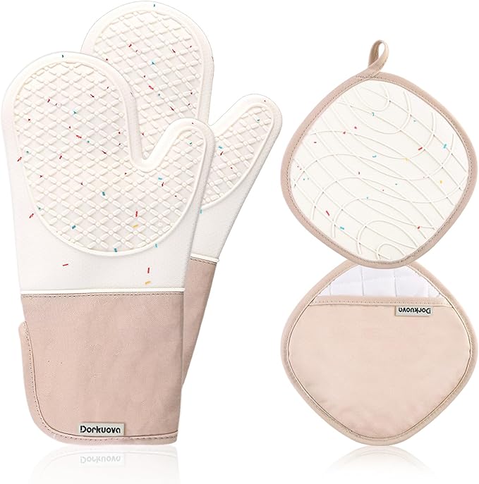 Oven Glove Cute,Cooking Mittens,Oven Mittens for Kitchen,Oven Gloves for Kitchen,Washable Silicone Oven Mitts Heat Resistant 500°F, Potholders for Kitchens Cooking Baking(Cream