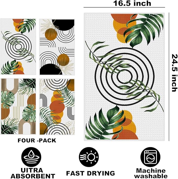 4 Pcs Boho Kitchen Towels, Abstract Tropical Tea Hand Towel, Microfiber Dish Cloths for Drying Dishes, Waffle Dish Towels for Kitchen Bathroom Home Decor, Housewarming Gifts for Women Mom
