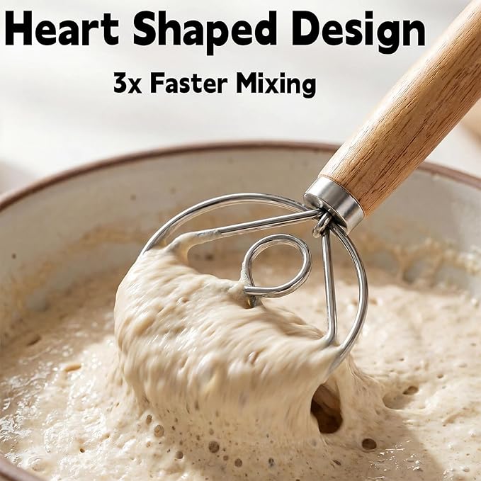 TEEVEA Danish Dough Whisk for Bread Sourdough, Wooden Handle & Stainless Steel Hook