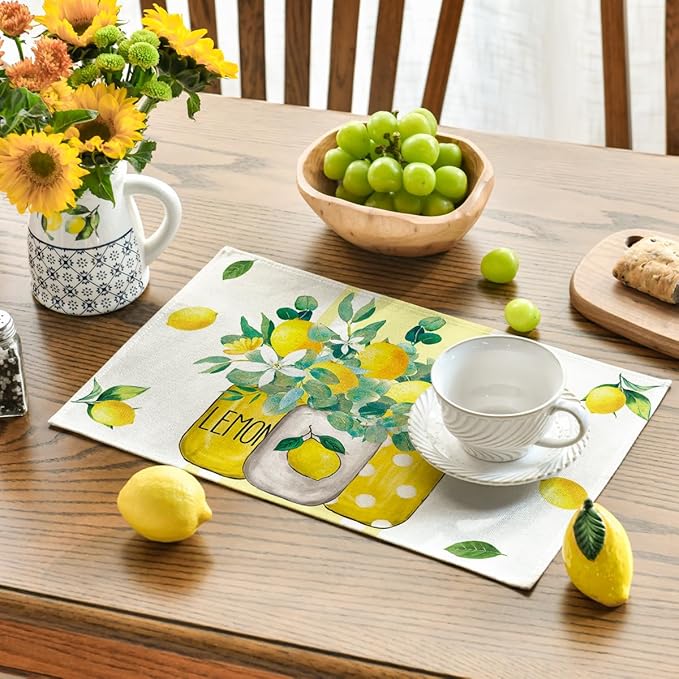 Artoid Mode Yellow Stripes Vase Lemon Summer Placemats Set of 4, 12x18 Inch Seasonal Spring Table Mats for Party Kitchen Dining Decoration