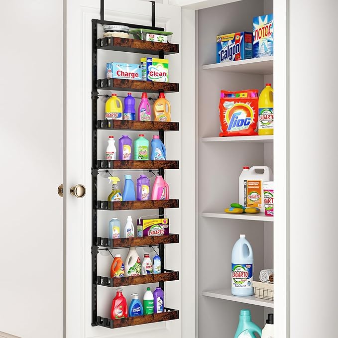 bukfen Over the Door Pantry Organizer, 8-Tier Adjustable Wooden Basket Kitchen Pantry Door Organization and Storage, 2 in 1 Wall Mount or Hanging Heavy-Duty Metal Hanging Kitchen Spice Rack, 1 Pack
