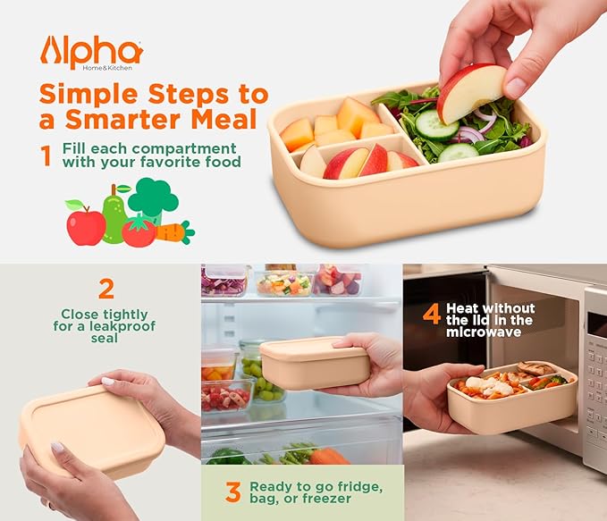 3 Compartment Silicone Bento Box for Kids – BPA Free Snack Container, Leak-Resistant School Lunch Box, Small Portions, Easy to Clean, Dishwasher Safe