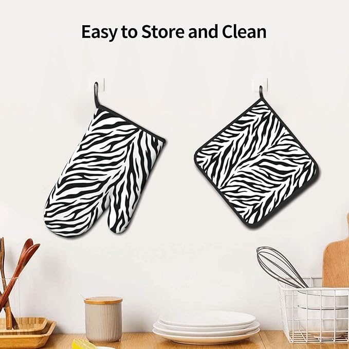 Zebra Stripe Oven Mitts and Pot Holders White Background Heat Resistant Oven Mitts Safe for Baking Cooking BBQ