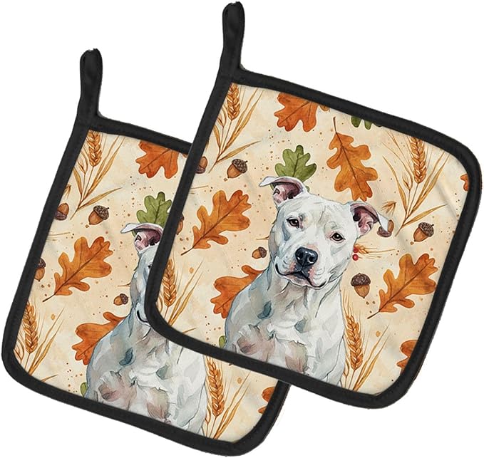 Caroline's Treasures White American Staffordshire Terrier Heirloom Fall Pair of Pot Holders Pair 7.5x7.5 Quilted Insulated Hot Pads Decorative Kitchen Gift Made in USA