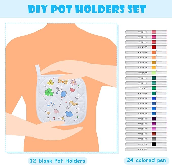 Newtay 36 Pcs Mother's Day Pot Holders Craft Project Set Including 12 White Pot Holders and Oven Mitts with 24 Makers for Kitchen Heat Resistant Cooking and Baking DIY Activities
