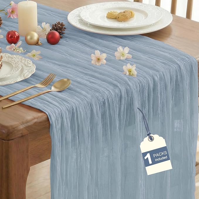 IVAPUPU 1 Pcs Cheesecloth Table Runner - 10ft Dusty Blue Spring Boho Gauze Cheese Cloth Table Runners for Baby Shower Decorations Wedding Party Garden Farmhouse