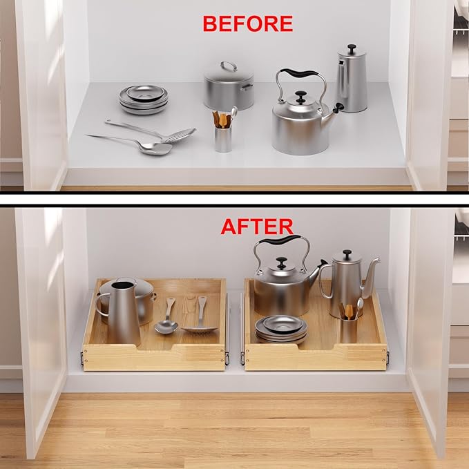Sikarou Wood Pull Out Cabinet Organizer 11" W x 21" D, for 12" Cabinet Opening Heavy-Duty Sliding Drawers for Inside Cabinets Storage and Organization for Kitchen