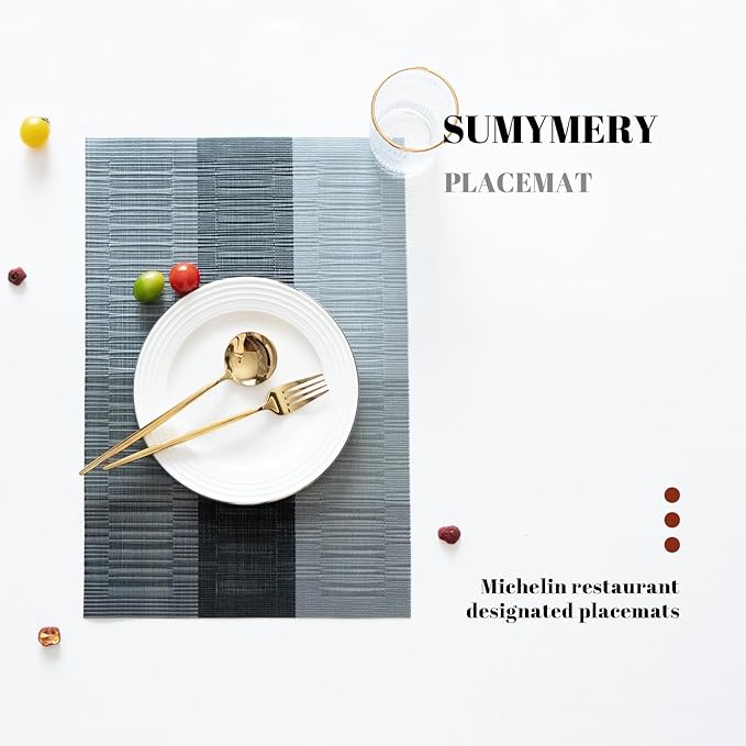 Placemats Set of 6 Vinyl/Plastic Woven Place Mats for Kitchen Table Indoor/Outdoor Washable Placemat Wipeable Dining Table Mats (Ombre Silver Grey Black,6)