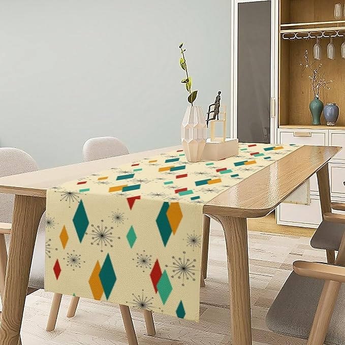 Mid Century Modern Table Runners Retro 50s 60s Minimalist Abstract Geometric for Dining Room Dinner Runner Kitchen Indoor Outdoor Patio Party Decor Fabric 1 Panel W13xL120in
