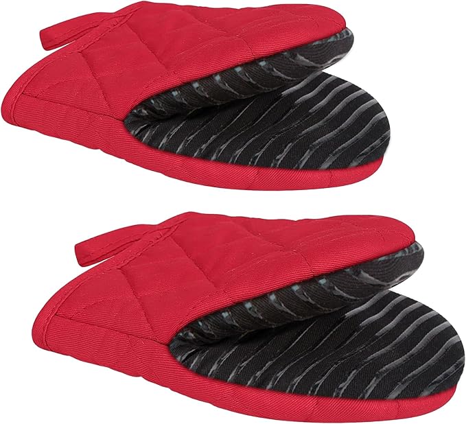 Puppet Mini Oven Mitts Red Cotton Silicone Non-Slip Short Sleeve Soft, Oven Gloves for Women Mum Hot 500℉ Heat Resistant Hand Safe Microwave Air Fryer Kitchen Chef Cooking Baking Cookie Mitt Pair