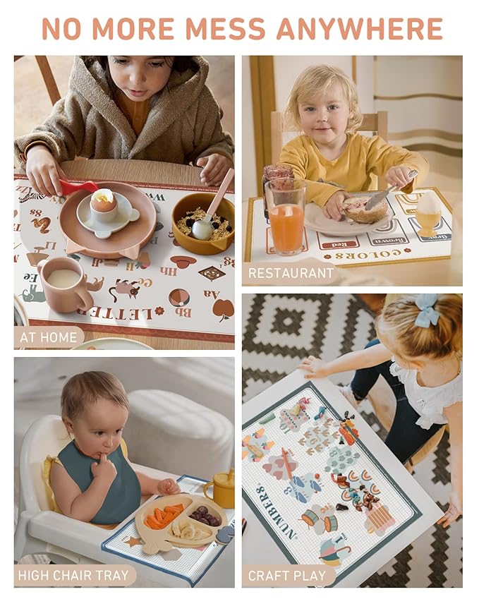 Babebay Disposable Placemats for Baby, 40 Pack Sticky Toddler Placemat for Restaurants, Dining Table, Party, Travel, 12" x 18" with 4 Designs