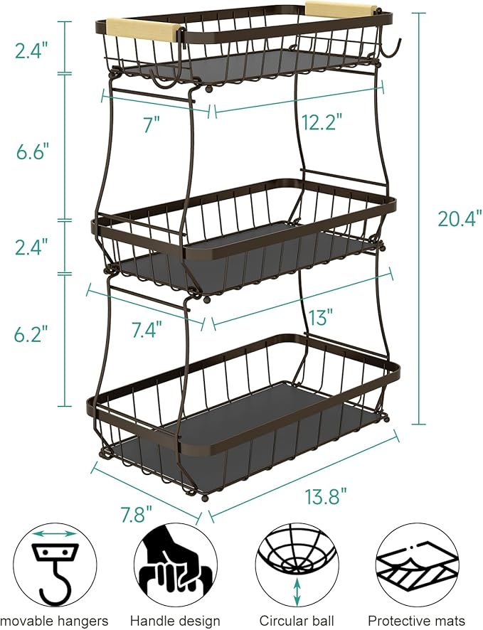 Sevenblue 2 Tier Large Fruit Basket for Kitchen Counter with 2 Mobile Banana Hangers, 2026 Pro Detachable Metal Fruit Bowl with Wooden Handle (Brown, 3 Tier)