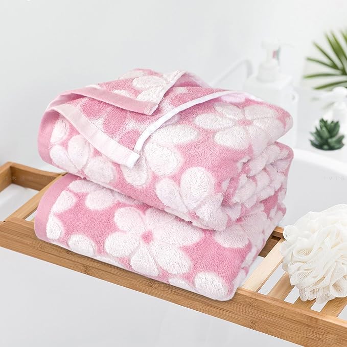 Jacquotha Pink Bath Towels Set of 2, Super Absorbent & Decorative 27.5x55 Inches, Cute Floral Jacquard Shower Towel for Bathroom Decor, Cotton