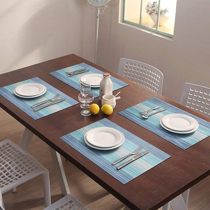 Bloss Blue Placemats Set of 6, Linen Woven Place Mats for Kitchen Table Indoor/Outdoor, 12" x 18" Washable Gradient Blue Placemat Dining Table Mats
