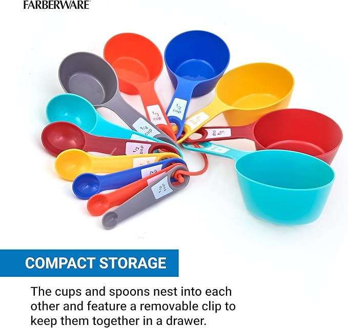 Farberware 12-Piece Measuring Cup and Spoon Set – Color-Coded Kitchen Measuring Tools with Easy-Read Markings, Nesting Design for Compact Storage, Dishwasher Safe