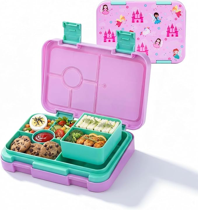 Bento Lunch Box for Kids, 6 Compartments BPA Free, Dishwasher Safe Back to School Snack Bento Lunch Containers Boxes, Ideal Portion Sizes for On-the-Go Meal, Ages 3+, School, Pink Patterned