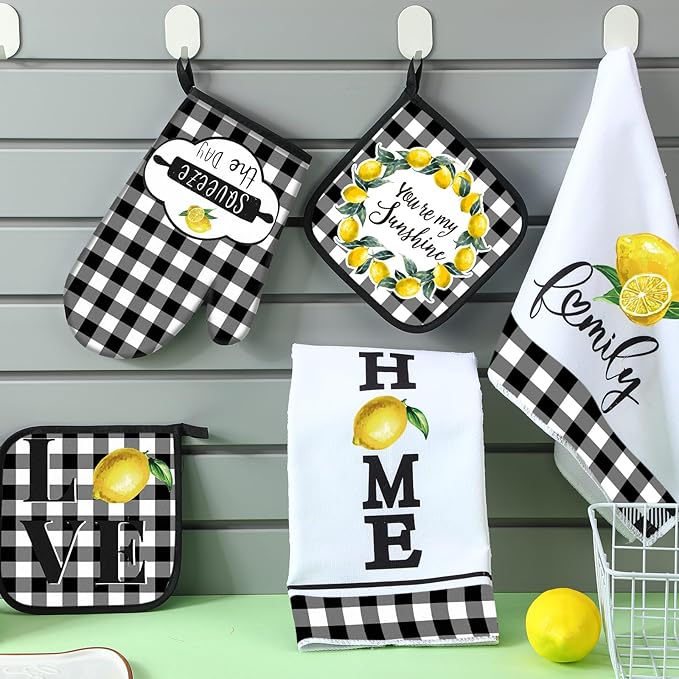 5 Pieces Buffalo Plaid Kitchen Towels Oven Mitts and Pot Holder Set Black and White Kitchen Towels Oven Gloves, Hot Pads Pot Holders for Farm House Accessories Decor(Lemon)