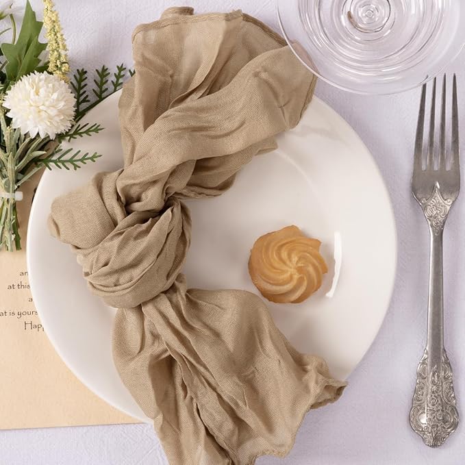 MLMC 10 Pack Nude Cheesecloth Napkins Bulk Washable Cloth Napkins Set of 10 21"x21" Rustic Boho Brown Gauze Dinner Table Napkins for Wedding Bridal Shower Family Gathering Decor