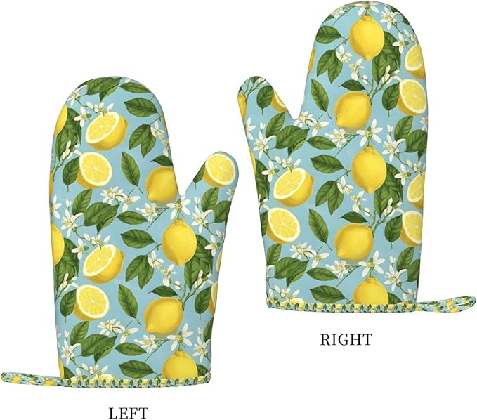 Lemon Silicone Oven Mitts Set of 2, Heat Resistant up to 500°F, Kitchen Oven Gloves with Non-Slip Grip and Soft Cotton Lining for Baking, Cooking and BBQ